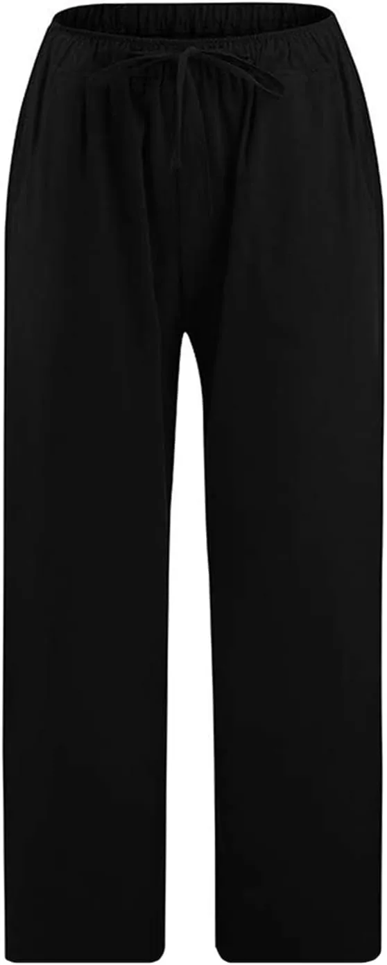 Cotton Linen Pants for Women High Waisted Wide Leg Capris Summer Casual Elastic Drawstring Cropped Trouseres 2025