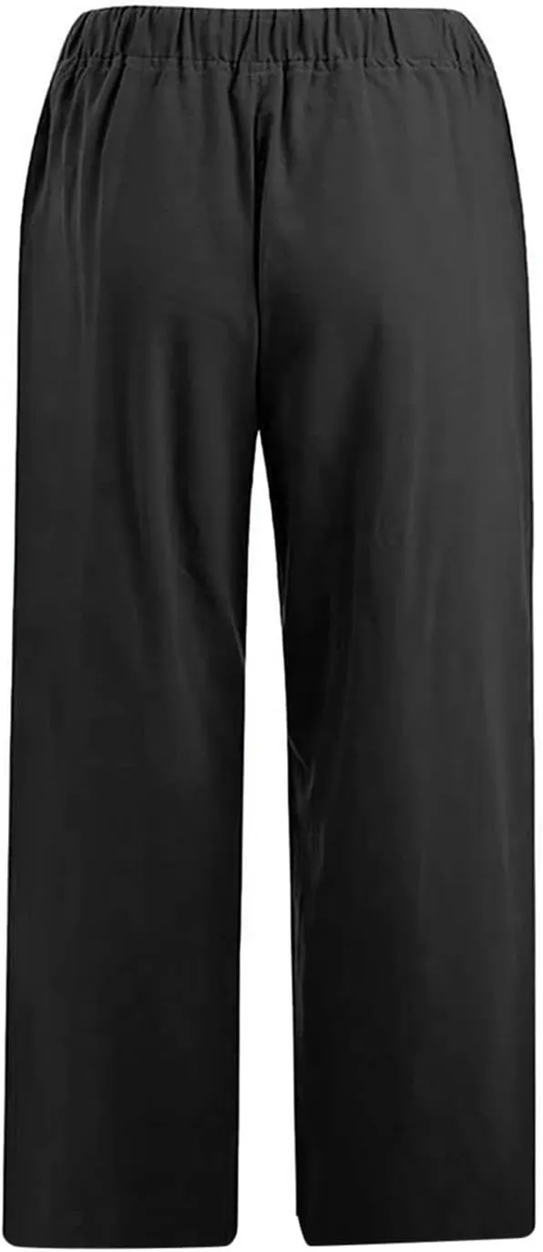 Cotton Linen Pants for Women High Waisted Wide Leg Capris Summer Casual Elastic Drawstring Cropped Trouseres 2025
