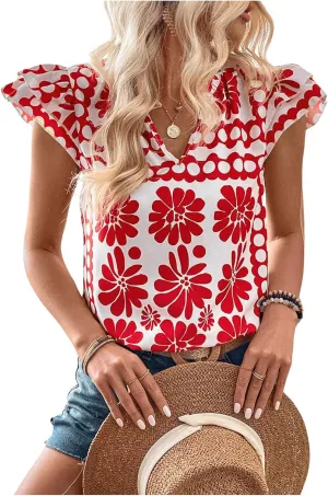 Floerns Women's Striped Notched V Neck Ruffle Cap Sleeve Blouse Tops