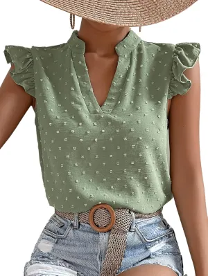 Floerns Women's Striped Notched V Neck Ruffle Cap Sleeve Blouse Tops