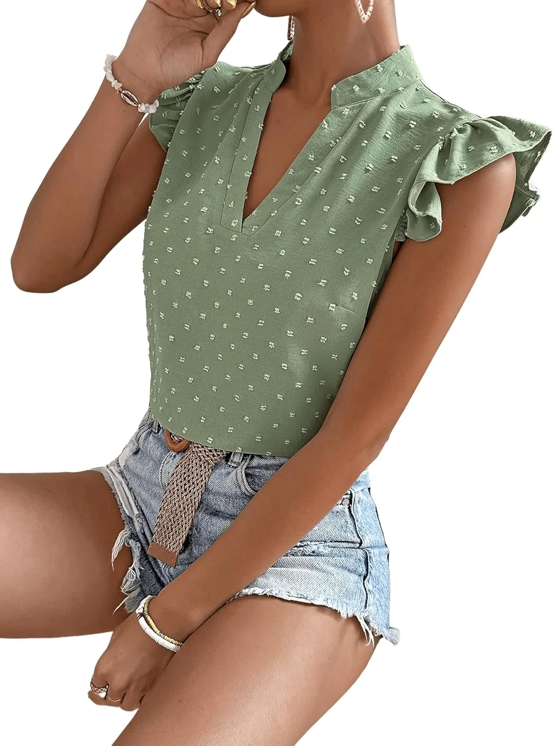 Floerns Women's Striped Notched V Neck Ruffle Cap Sleeve Blouse Tops