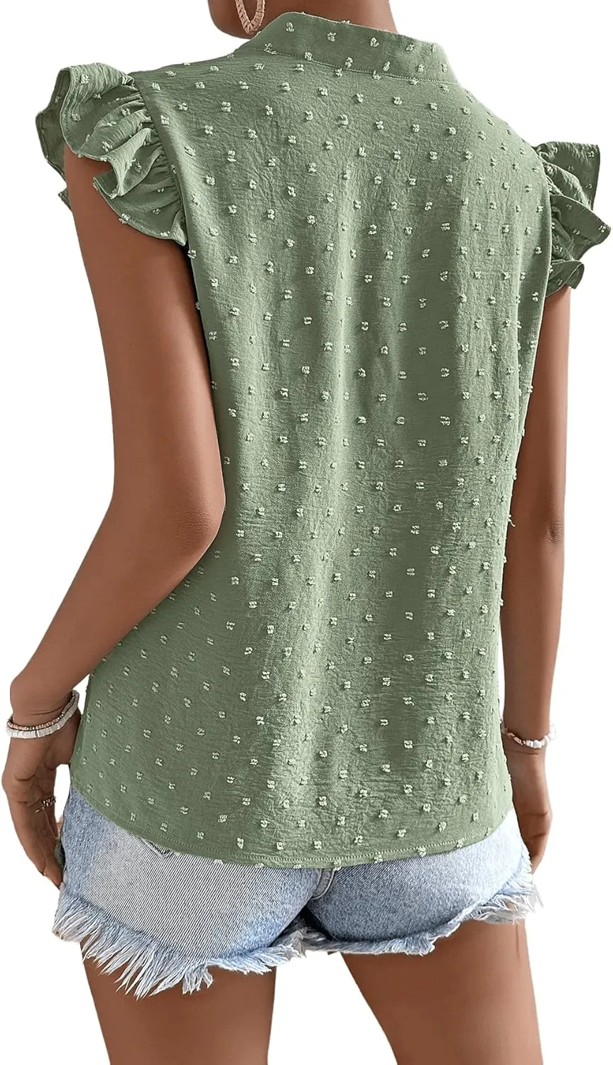 Floerns Women's Striped Notched V Neck Ruffle Cap Sleeve Blouse Tops