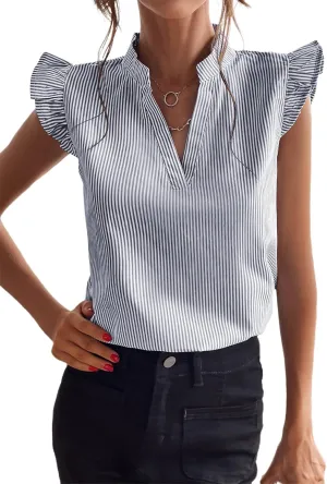 Floerns Women's Striped Notched V Neck Ruffle Cap Sleeve Blouse Tops