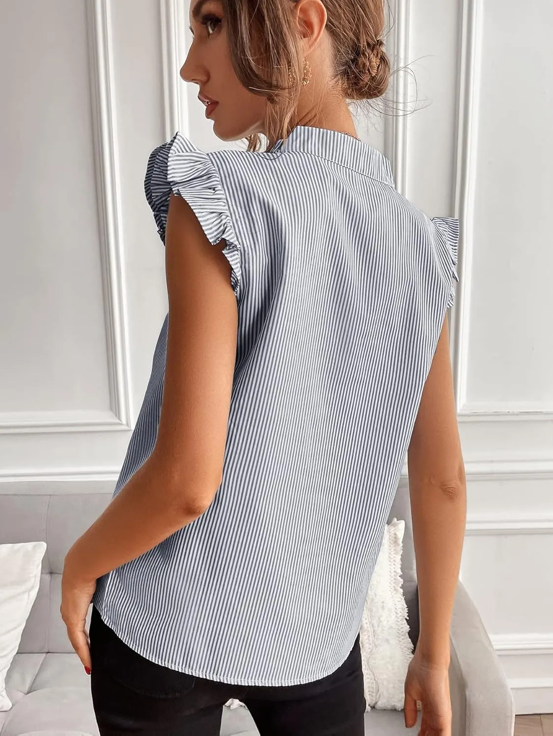 Floerns Women's Striped Notched V Neck Ruffle Cap Sleeve Blouse Tops