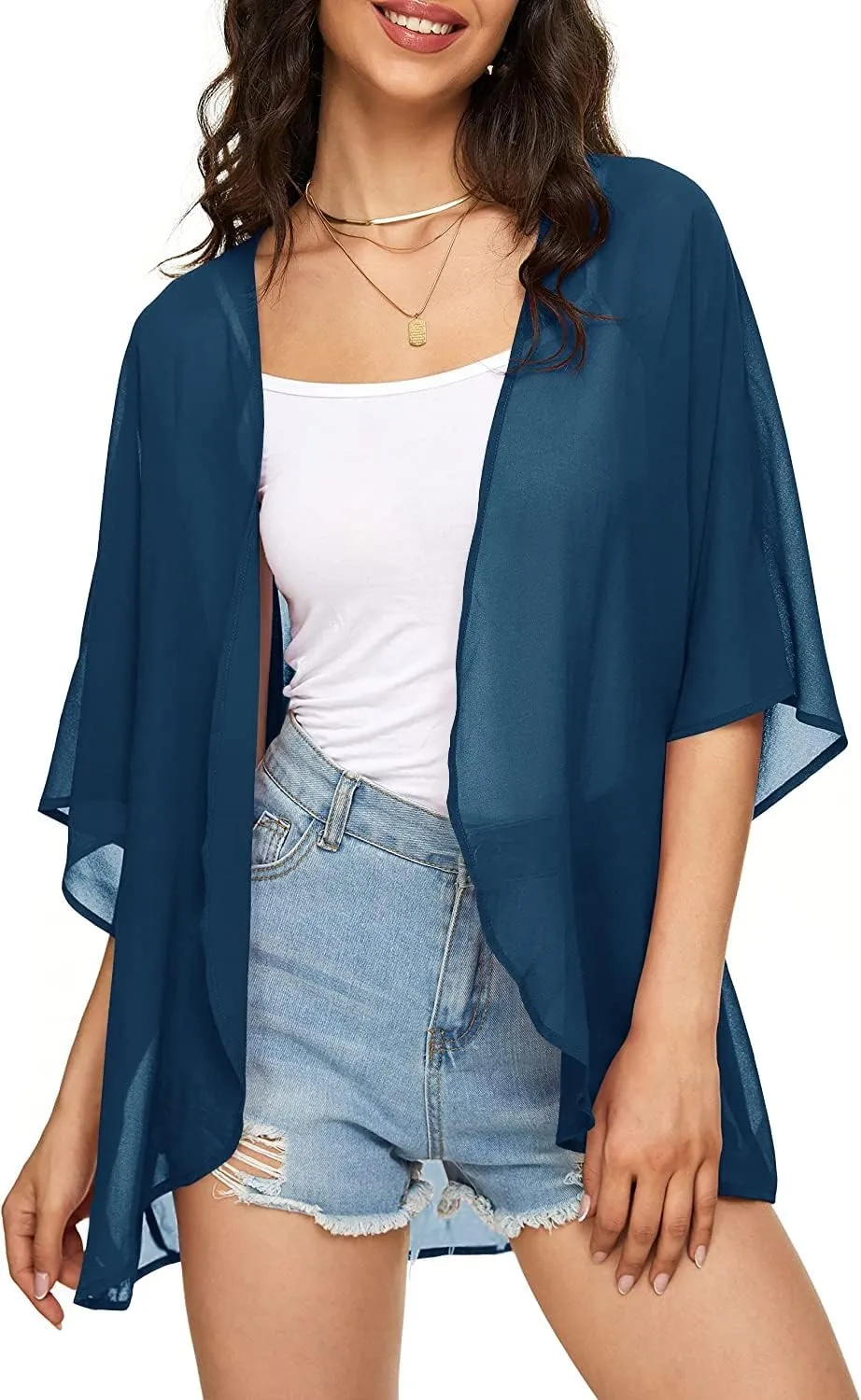Indian Trendy Women's Solid Puff Sleeve Kimono Cardigan Loose Cover Up Casual Blouse Top Chiffon