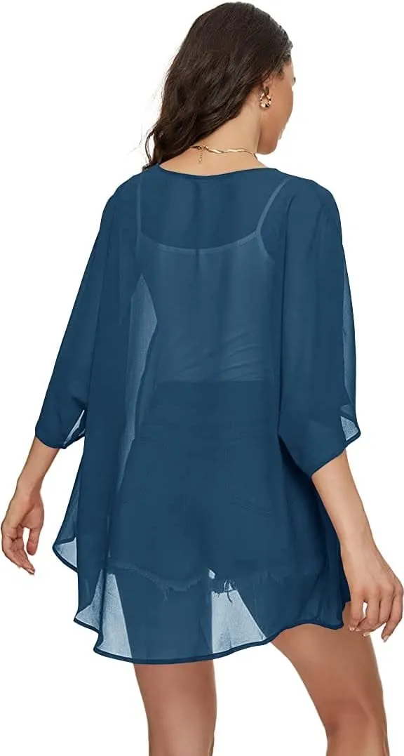 Indian Trendy Women's Solid Puff Sleeve Kimono Cardigan Loose Cover Up Casual Blouse Top Chiffon