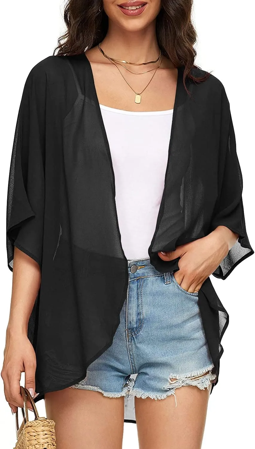 Indian Trendy Women's Solid Puff Sleeve Kimono Cardigan Loose Cover Up Casual Blouse Top Chiffon