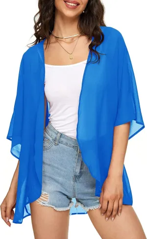 Indian Trendy Women's Solid Puff Sleeve Kimono Cardigan Loose Cover Up Casual Blouse Top Chiffon