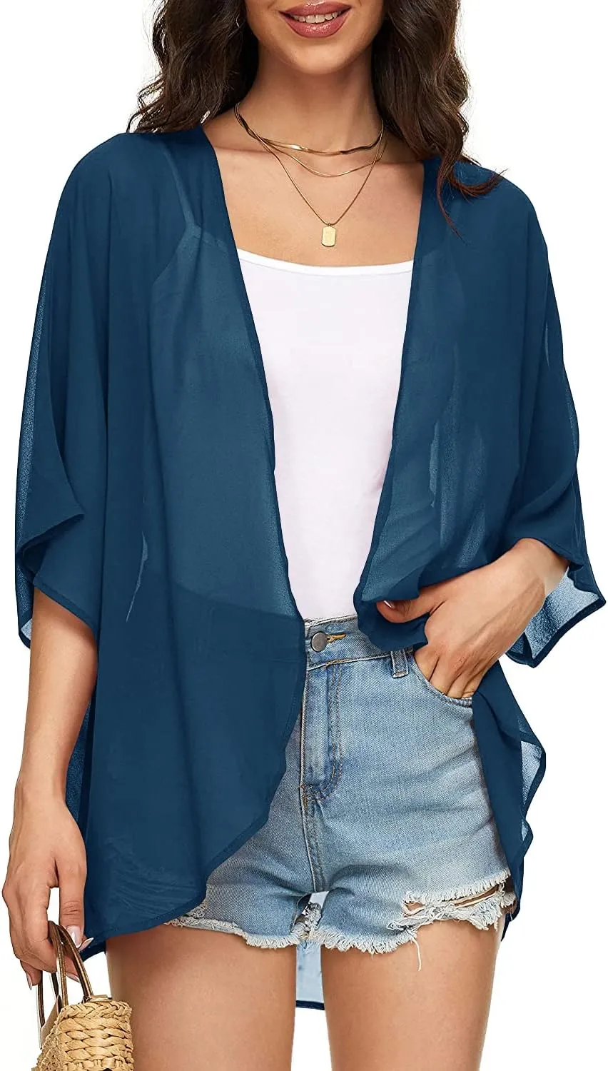 Indian Trendy Women's Solid Puff Sleeve Kimono Cardigan Loose Cover Up Casual Blouse Top Chiffon
