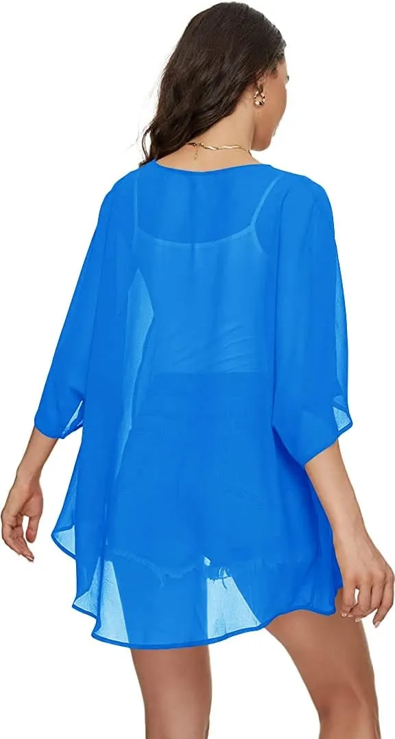 Indian Trendy Women's Solid Puff Sleeve Kimono Cardigan Loose Cover Up Casual Blouse Top Chiffon
