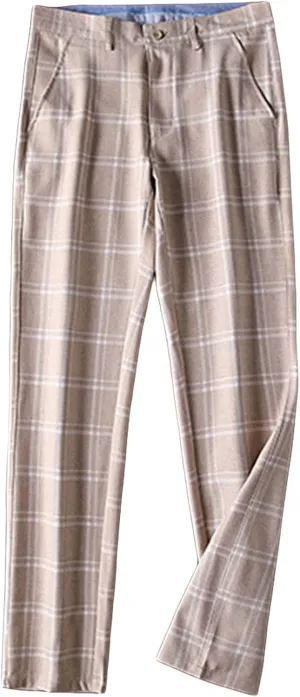 JEShifangjiusu Men's Slim-Fit Flat-Front Dress Pant Straight Fit Plaid Stretch Skinny Casual Business Dress Chinos Pants (38,Light Brown), Light Brown, 38