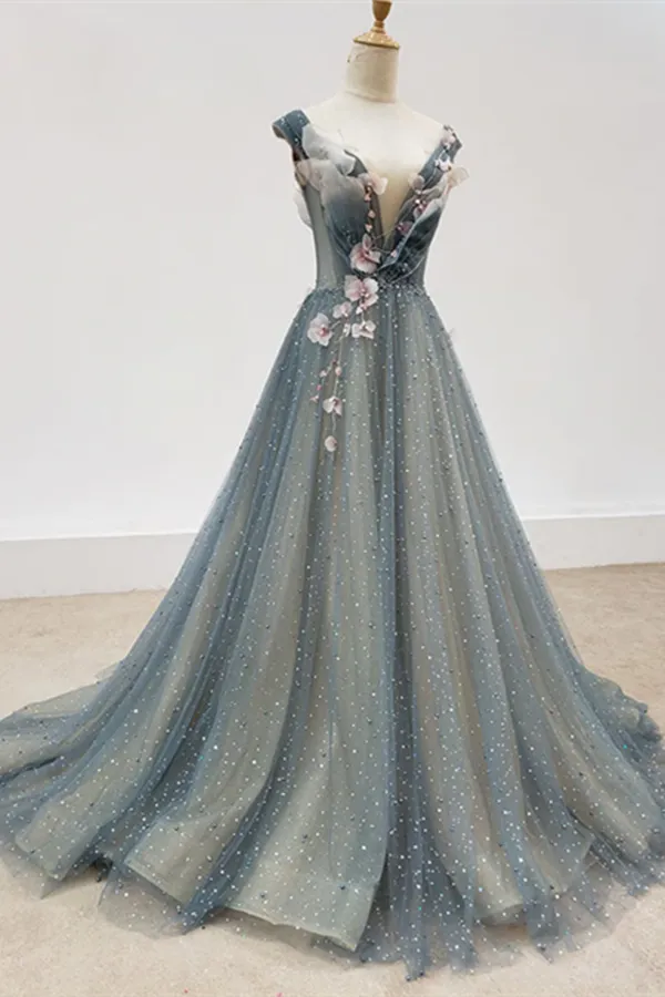 Kateprom Chic A line Gray Blue V neck Long Beaded Prom Dress Tulle Floral Evening Party Dress KPP1557