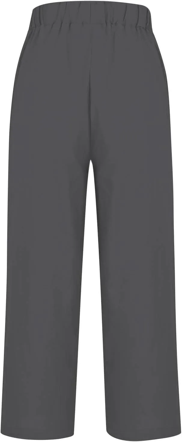 Light Weight Pants for Women Linen Pants Elastic Waist Straight Leg Plus Size Crop Pants Beach Trousers with Pockets