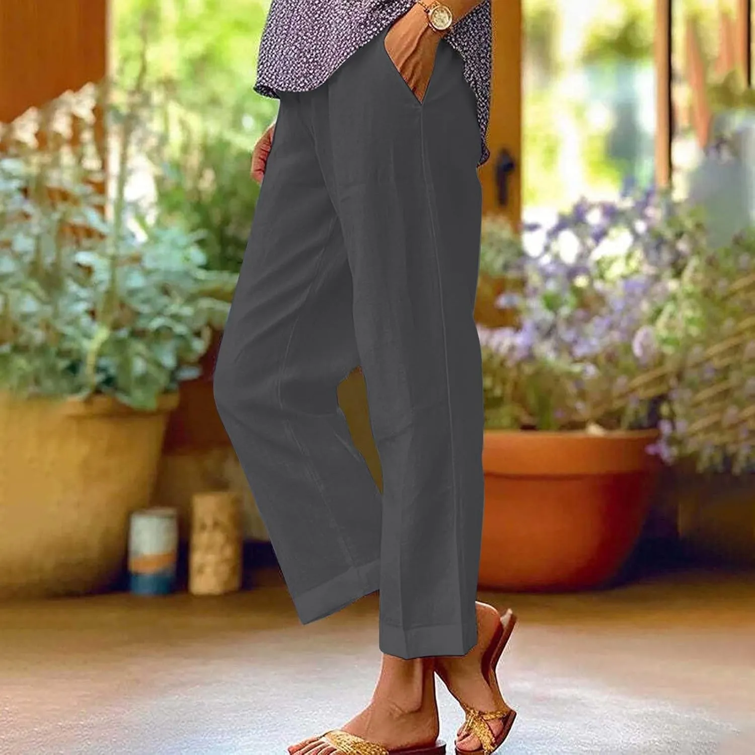 Light Weight Pants for Women Linen Pants Elastic Waist Straight Leg Plus Size Crop Pants Beach Trousers with Pockets