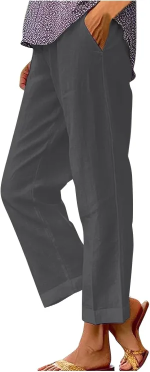 Light Weight Pants for Women Linen Pants Elastic Waist Straight Leg Plus Size Crop Pants Beach Trousers with Pockets