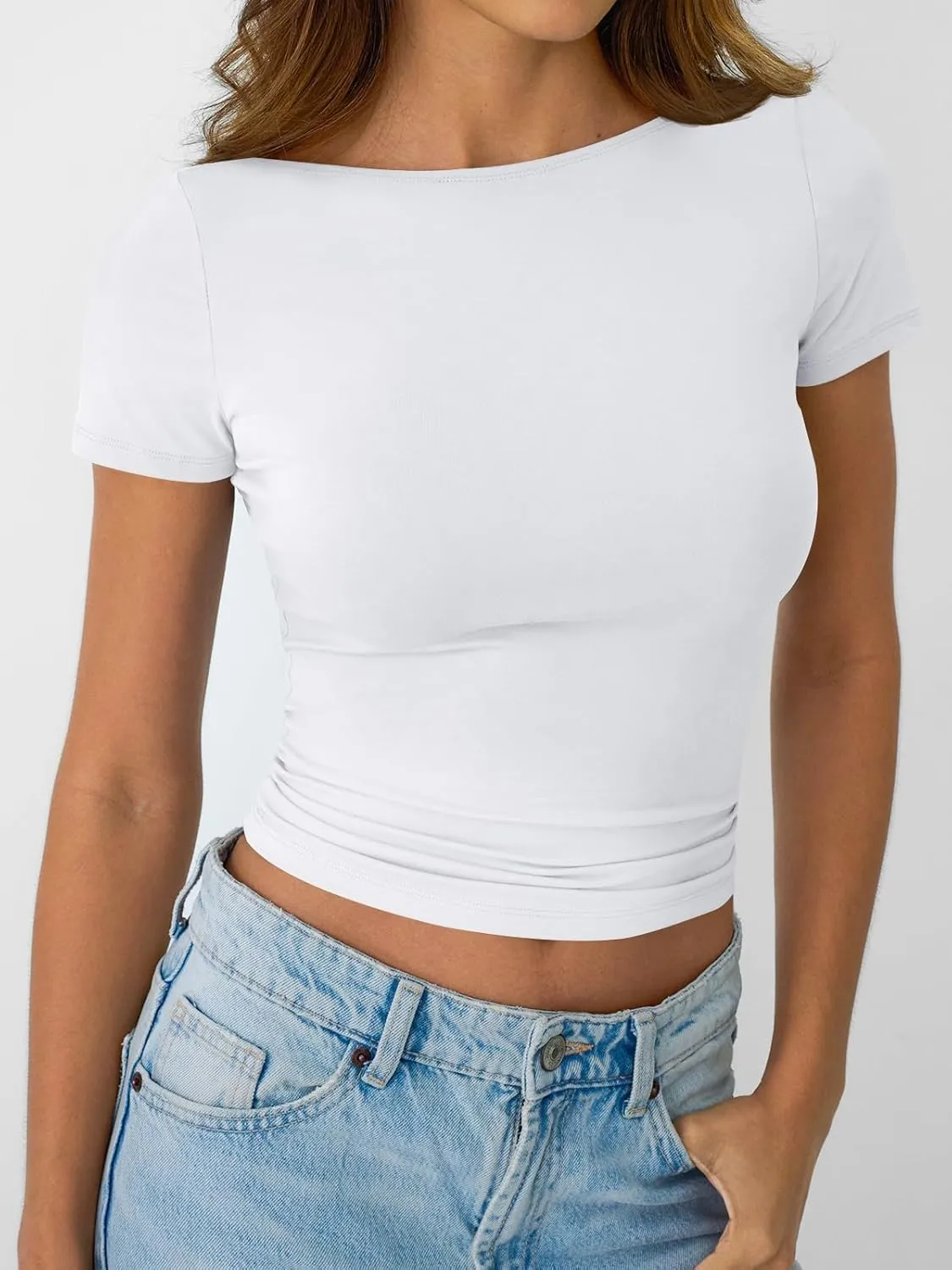 LILLUSORY Womens Boat Neck Short Sleeve T-Shirts Going Out Tops Compression Summer Y2k Basic Clothes 2025