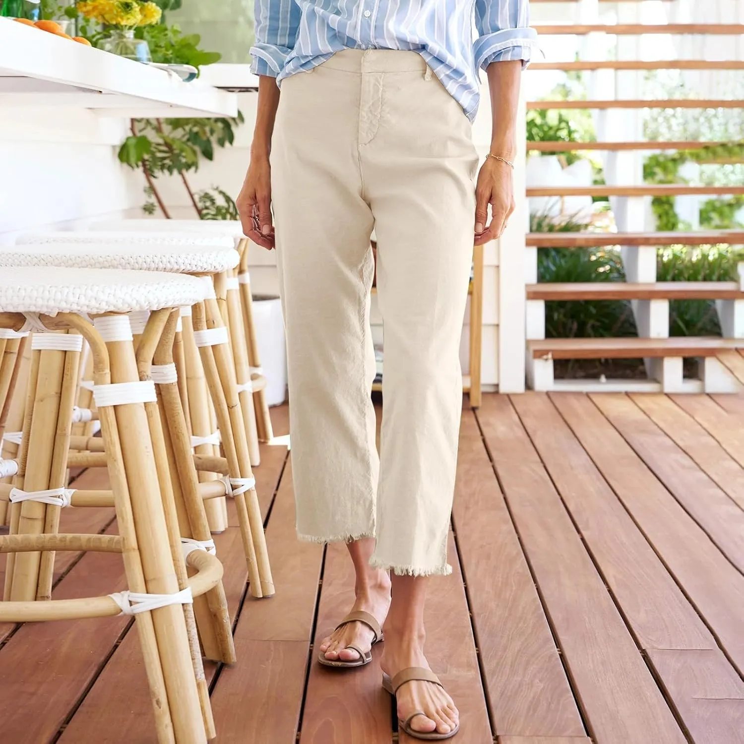 Linen Capri Pants Women High Waisted Straight Leg Cropped Work Pants Business Casual Raw Hem Ankle Pants with Pockets