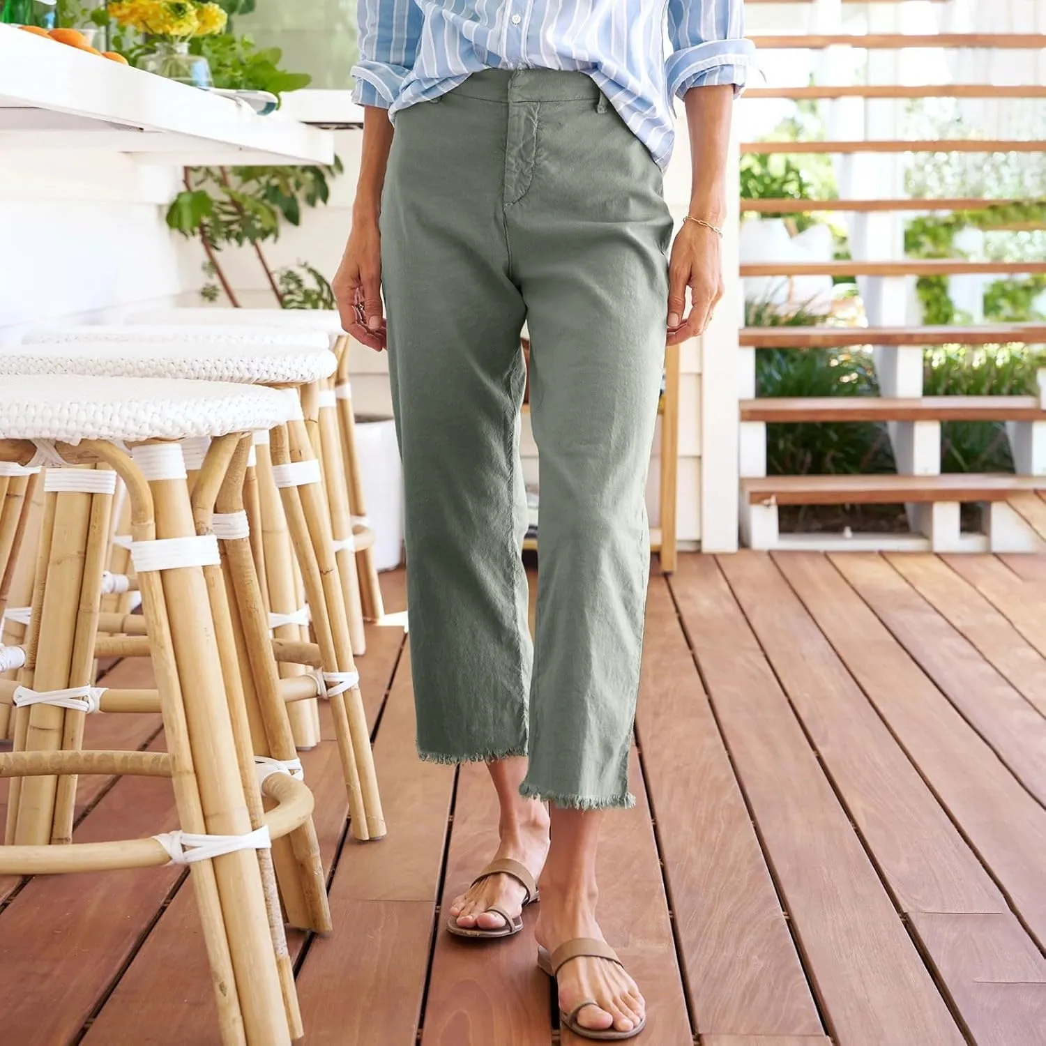 Linen Capri Pants Women High Waisted Straight Leg Cropped Work Pants Business Casual Raw Hem Ankle Pants with Pockets