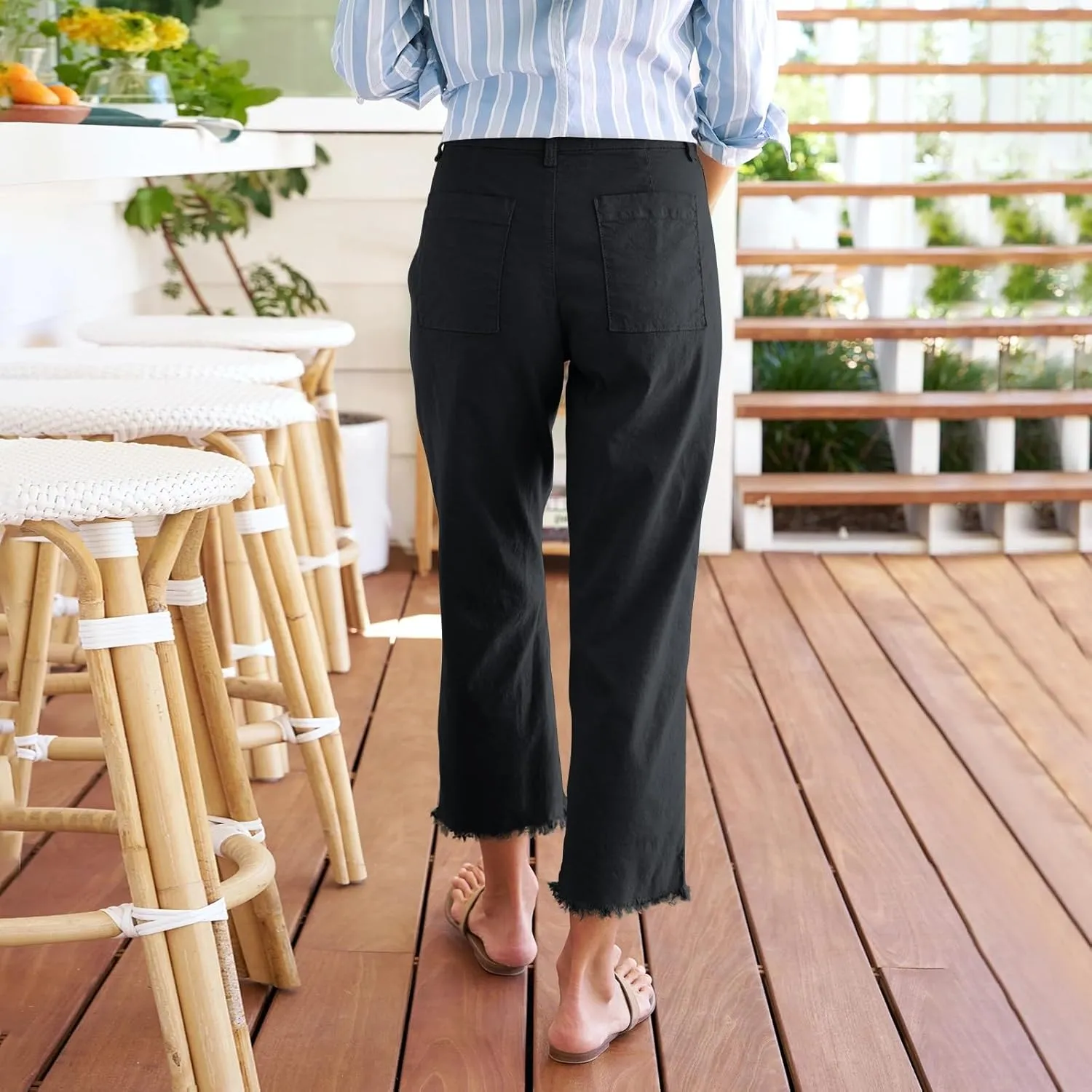 Linen Capri Pants Women High Waisted Straight Leg Cropped Work Pants Business Casual Raw Hem Ankle Pants with Pockets