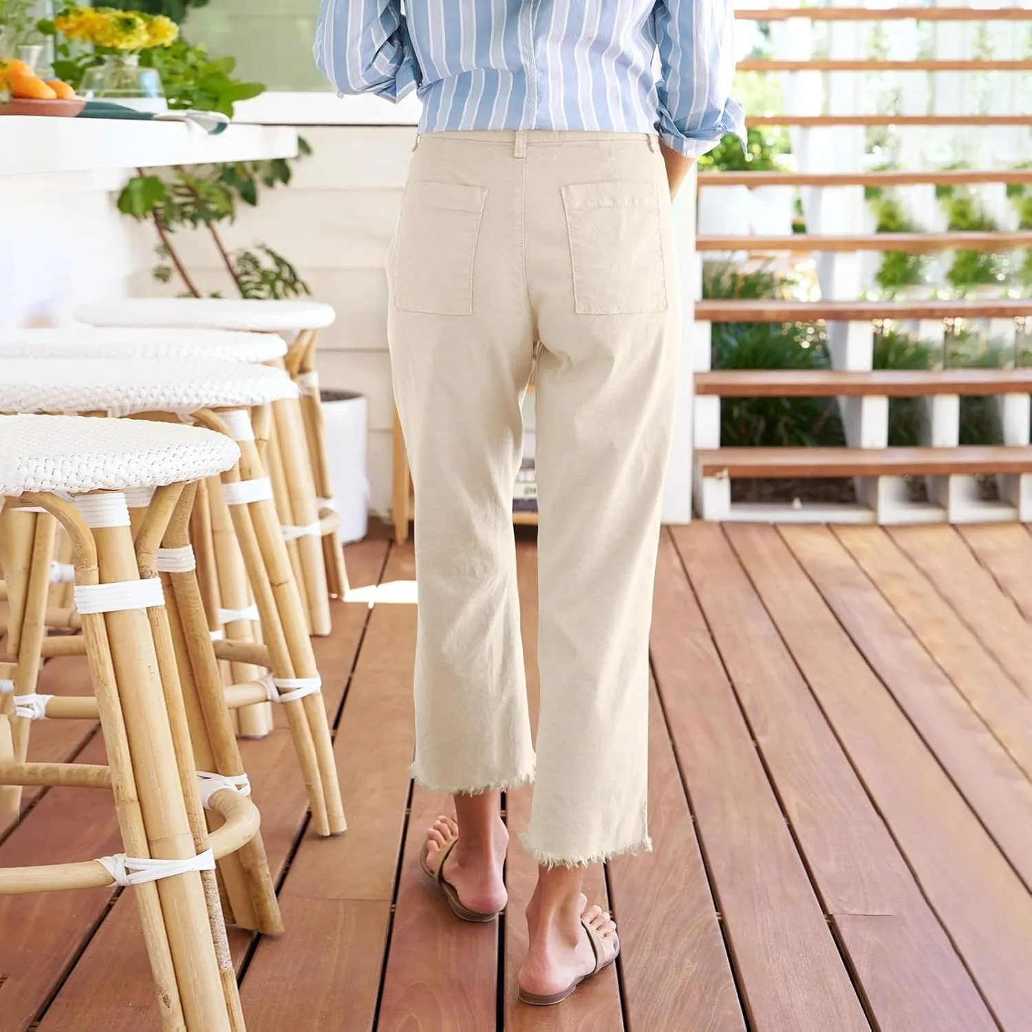 Linen Capri Pants Women High Waisted Straight Leg Cropped Work Pants Business Casual Raw Hem Ankle Pants with Pockets