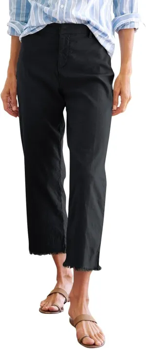 Linen Capri Pants Women High Waisted Straight Leg Cropped Work Pants Business Casual Raw Hem Ankle Pants with Pockets