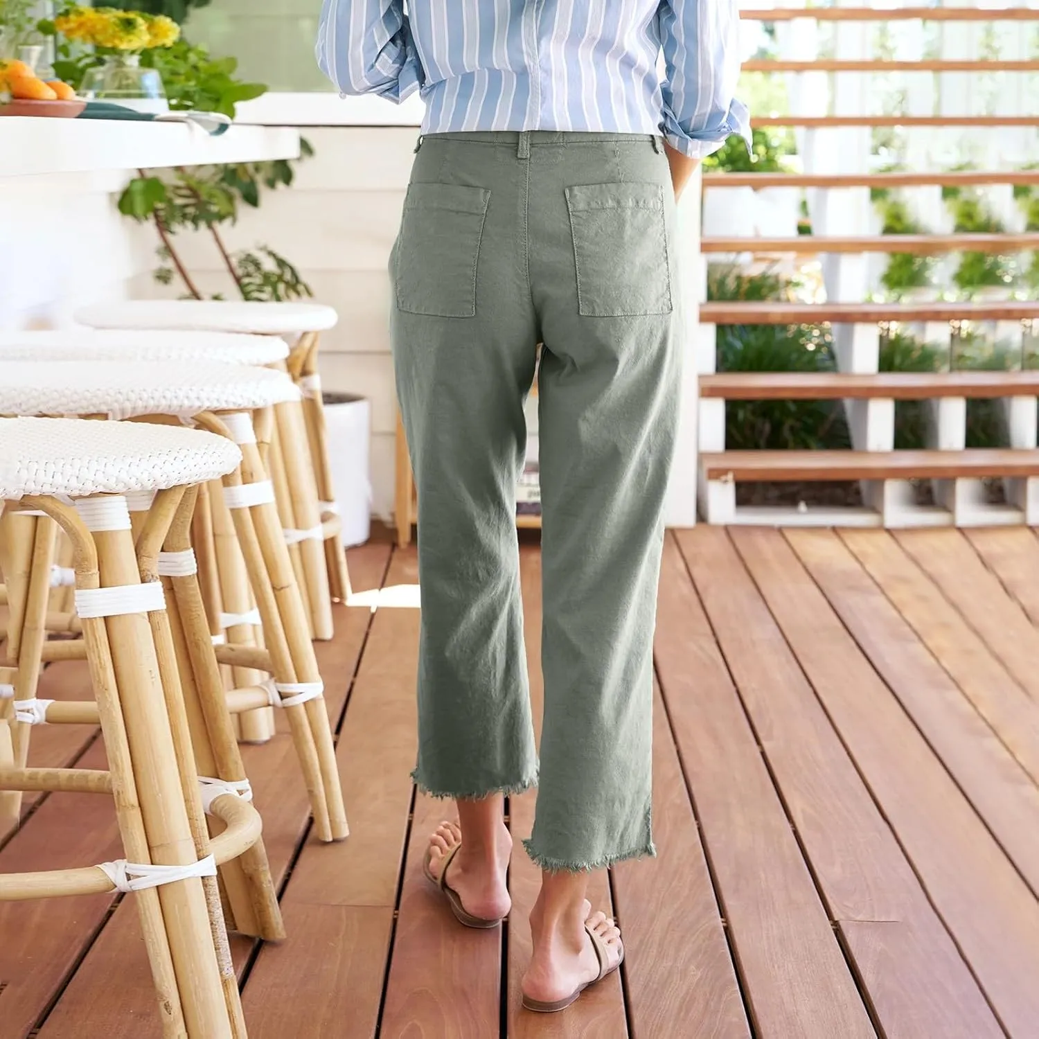 Linen Capri Pants Women High Waisted Straight Leg Cropped Work Pants Business Casual Raw Hem Ankle Pants with Pockets