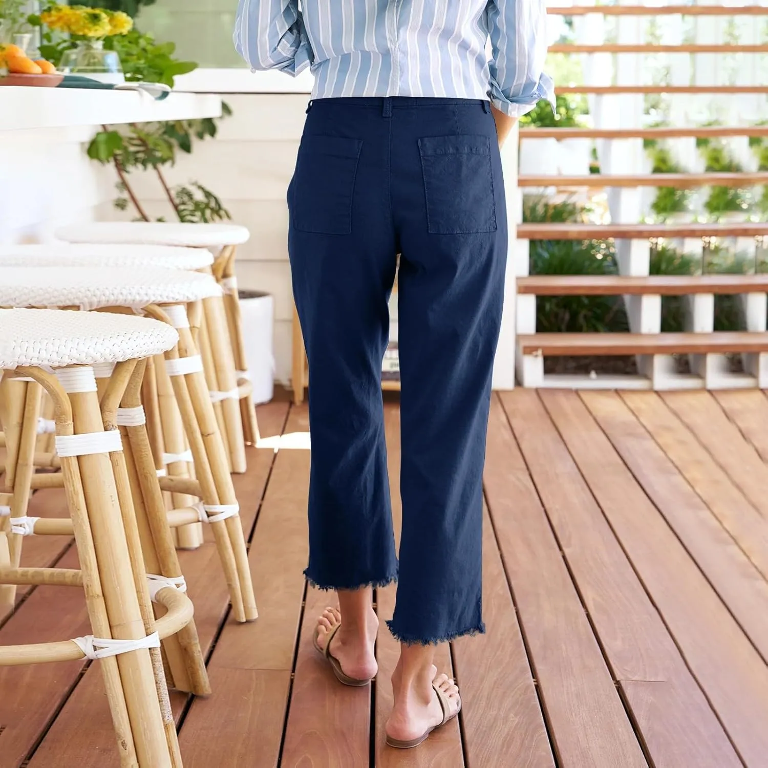 Linen Capri Pants Women High Waisted Straight Leg Cropped Work Pants Business Casual Raw Hem Ankle Pants with Pockets