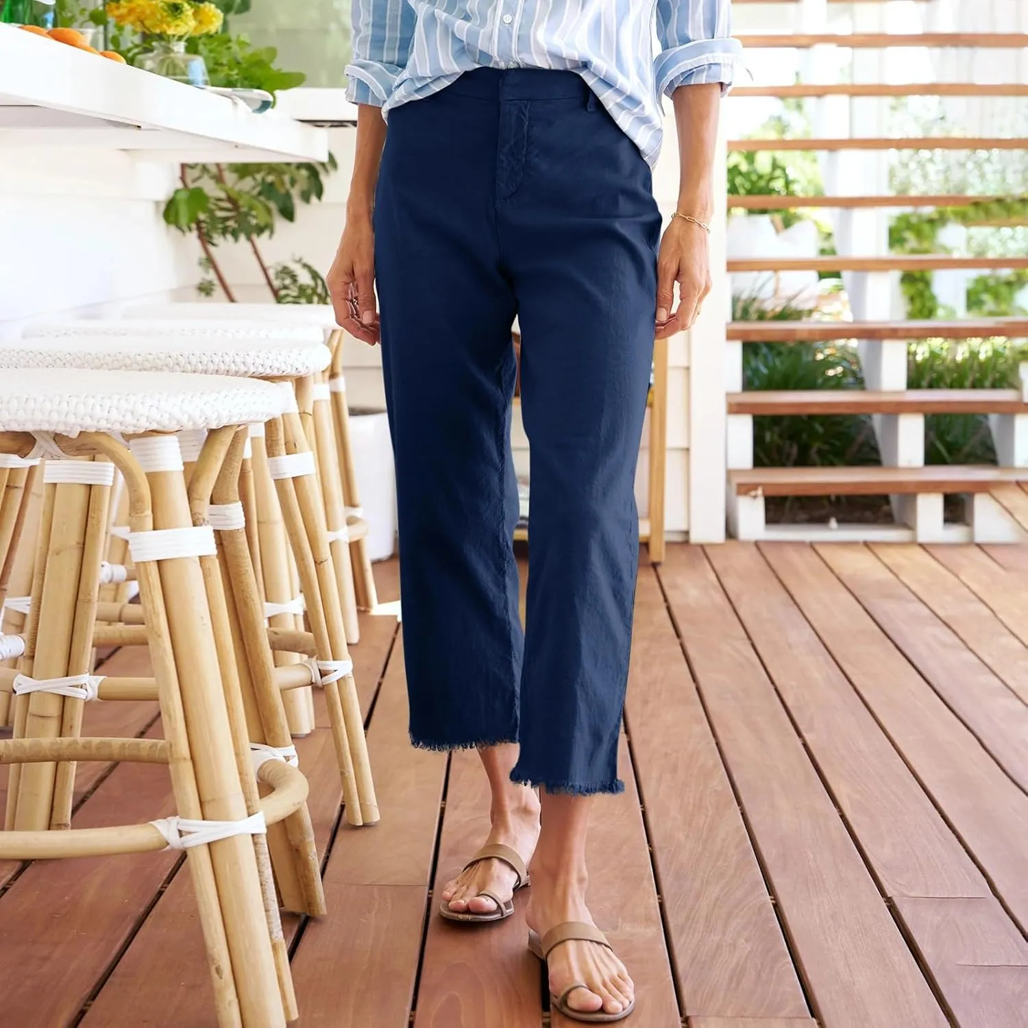 Linen Capri Pants Women High Waisted Straight Leg Cropped Work Pants Business Casual Raw Hem Ankle Pants with Pockets