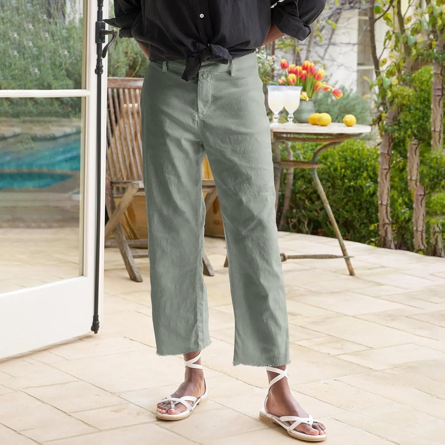 Linen Capri Pants Women High Waisted Straight Leg Cropped Work Pants Business Casual Raw Hem Ankle Pants with Pockets