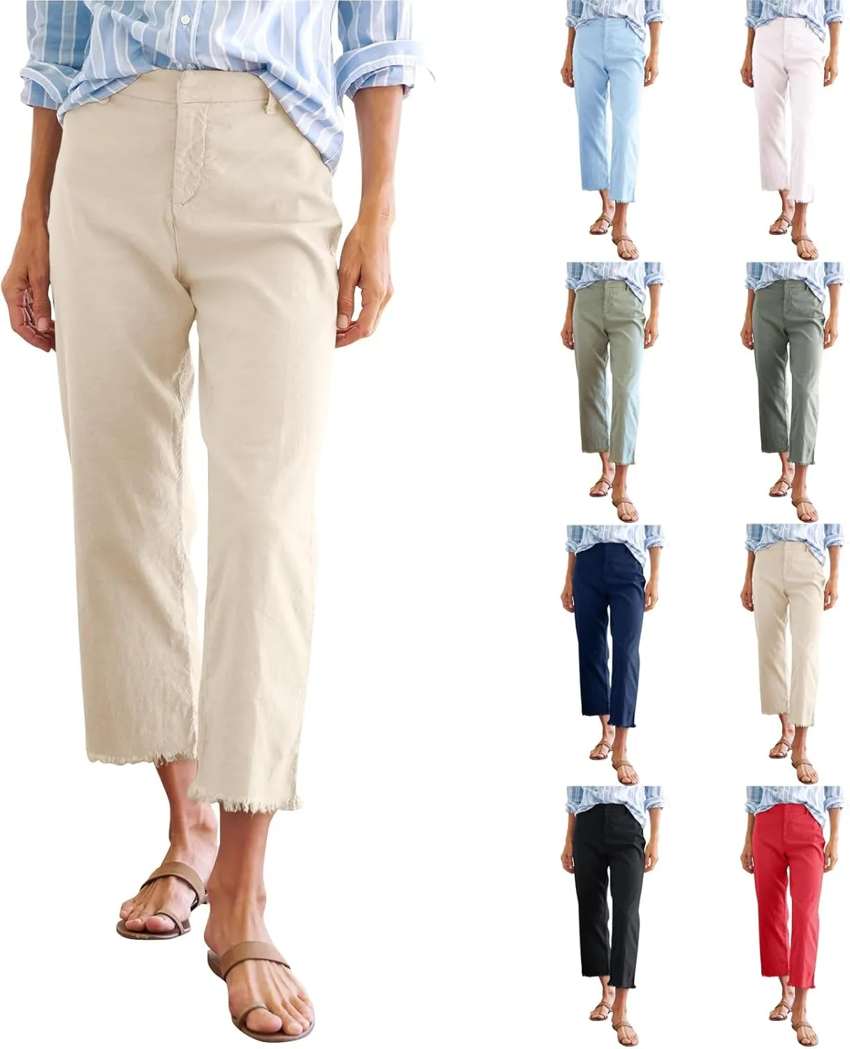 Linen Capri Pants Women High Waisted Straight Leg Cropped Work Pants Business Casual Raw Hem Ankle Pants with Pockets