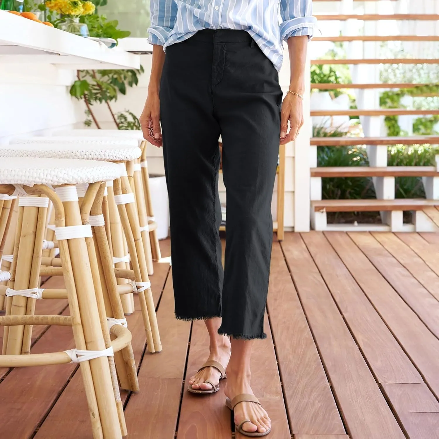 Linen Capri Pants Women High Waisted Straight Leg Cropped Work Pants Business Casual Raw Hem Ankle Pants with Pockets
