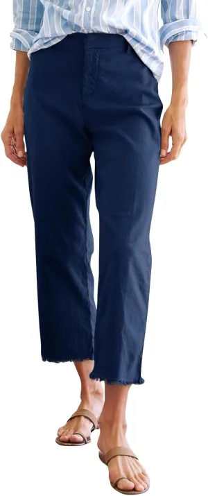 Linen Capri Pants Women High Waisted Straight Leg Cropped Work Pants Business Casual Raw Hem Ankle Pants with Pockets