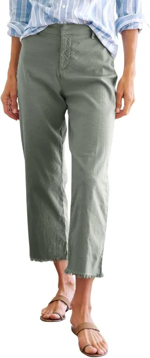 Linen Capri Pants Women High Waisted Straight Leg Cropped Work Pants Business Casual Raw Hem Ankle Pants with Pockets