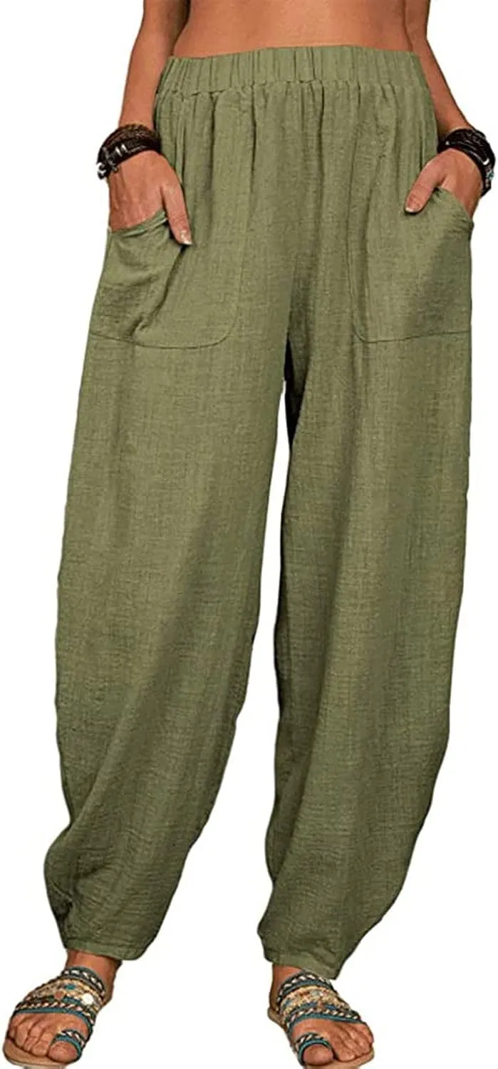 Linen Harem Pants for Women Summer Light Weight Quick Dry Pants Loose Wide Leg Trousers Pocket Elastic Waist Pants