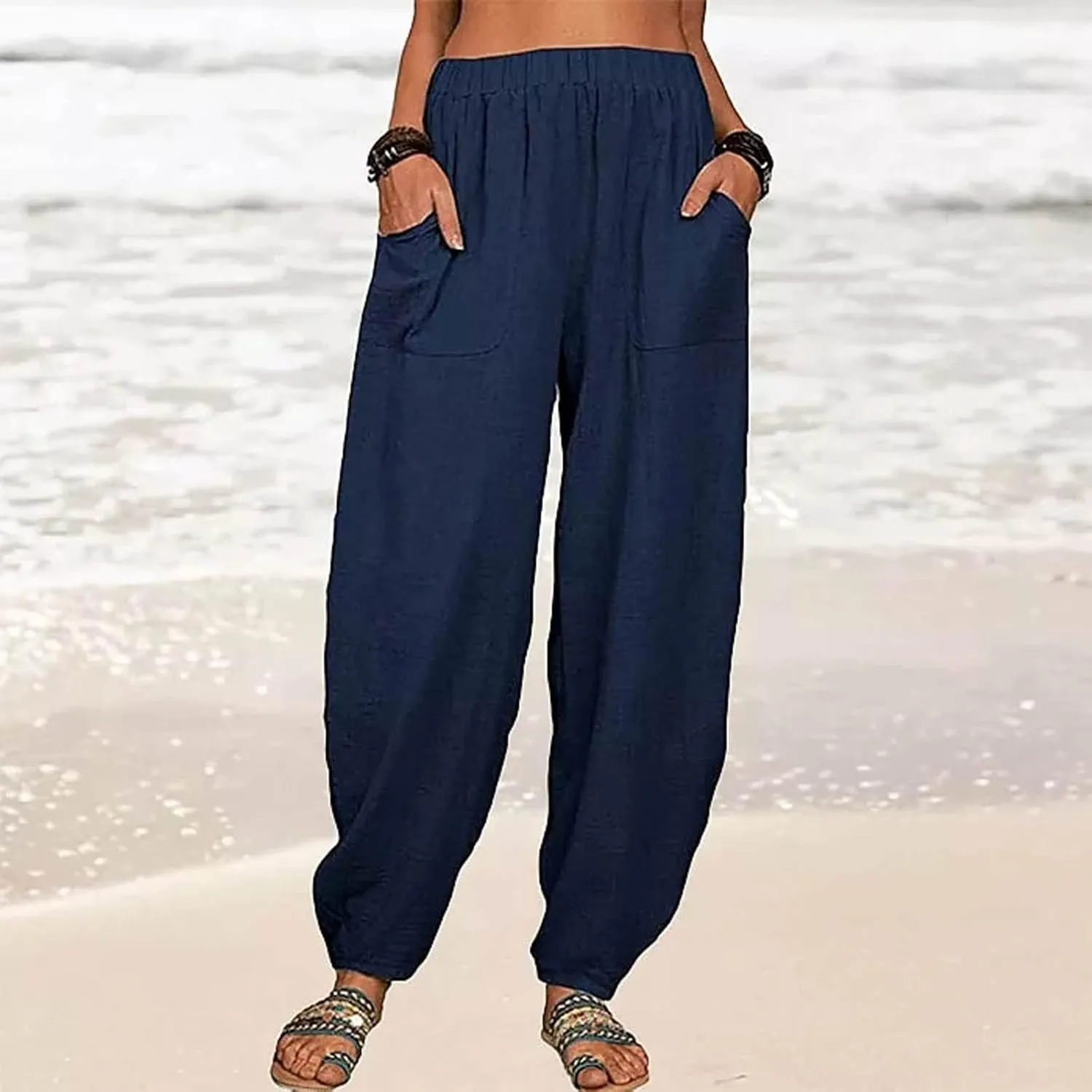 Linen Harem Pants for Women Summer Light Weight Quick Dry Pants Loose Wide Leg Trousers Pocket Elastic Waist Pants