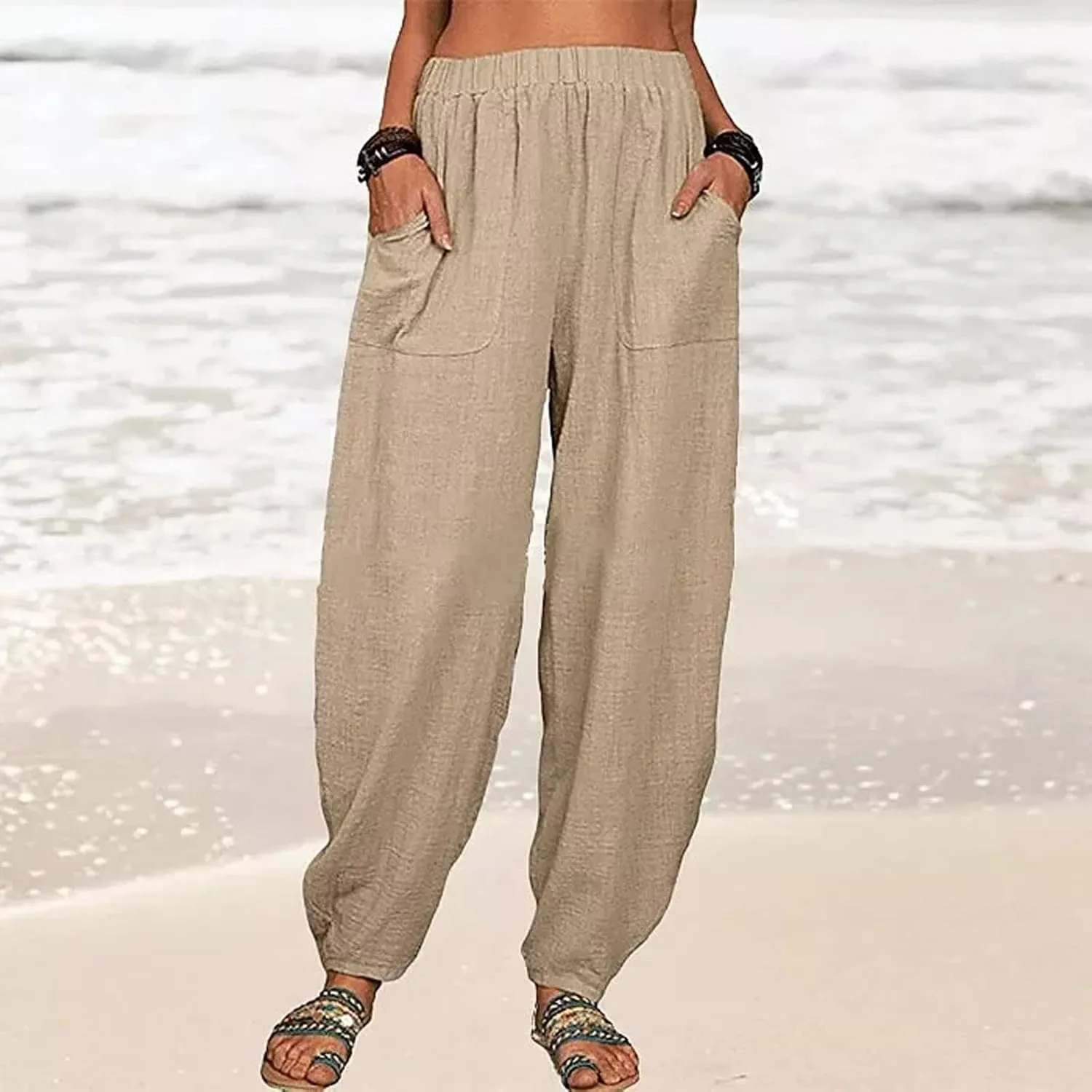 Linen Harem Pants for Women Summer Light Weight Quick Dry Pants Loose Wide Leg Trousers Pocket Elastic Waist Pants