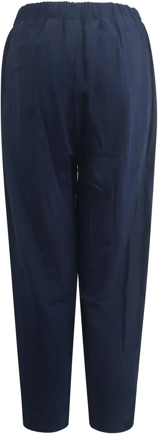 Linen Harem Pants for Women Summer Light Weight Quick Dry Pants Loose Wide Leg Trousers Pocket Elastic Waist Pants