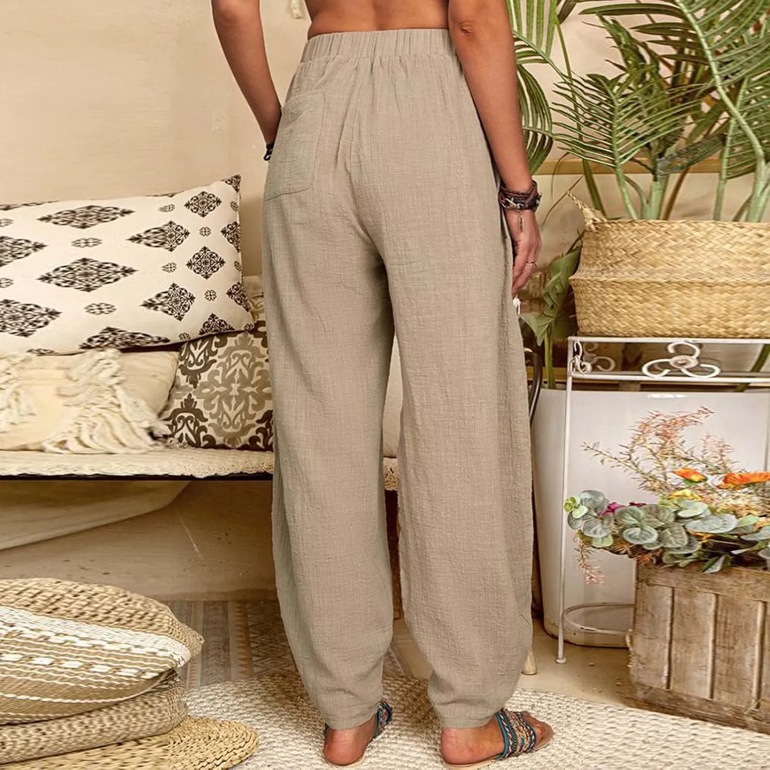 Linen Harem Pants for Women Summer Light Weight Quick Dry Pants Loose Wide Leg Trousers Pocket Elastic Waist Pants