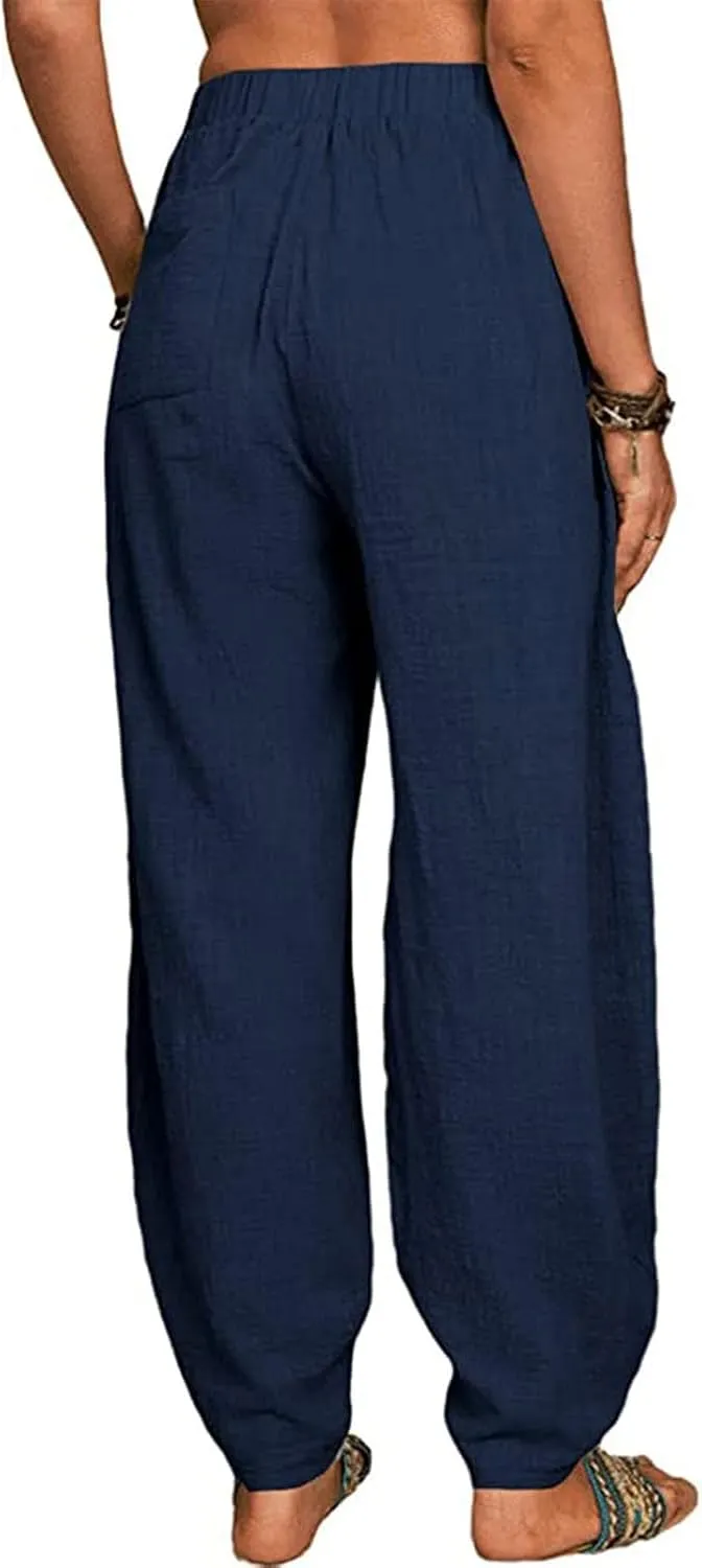 Linen Harem Pants for Women Summer Light Weight Quick Dry Pants Loose Wide Leg Trousers Pocket Elastic Waist Pants