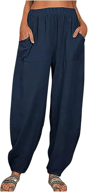 Linen Harem Pants for Women Summer Light Weight Quick Dry Pants Loose Wide Leg Trousers Pocket Elastic Waist Pants