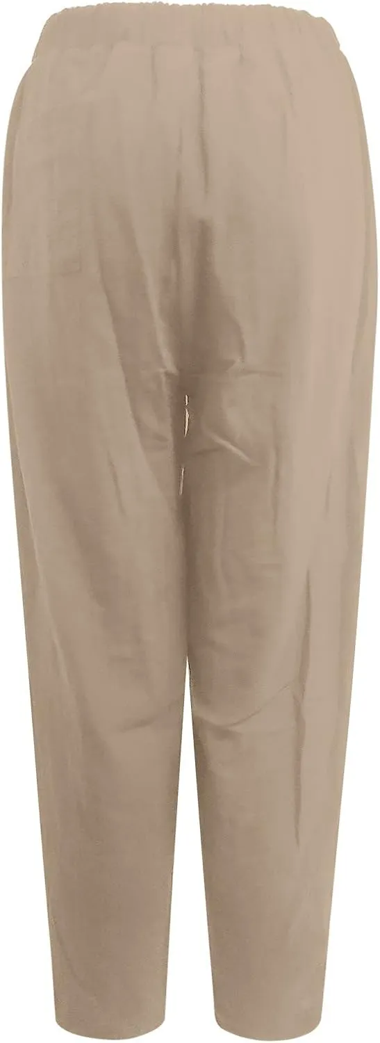 Linen Harem Pants for Women Summer Light Weight Quick Dry Pants Loose Wide Leg Trousers Pocket Elastic Waist Pants