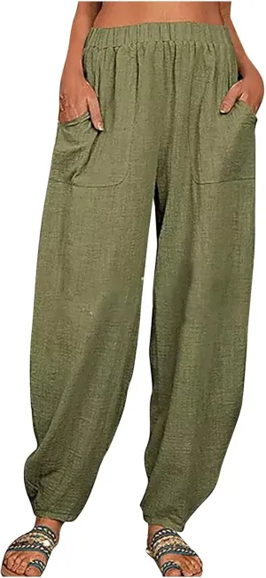 Linen Harem Pants for Women Summer Light Weight Quick Dry Pants Loose Wide Leg Trousers Pocket Elastic Waist Pants