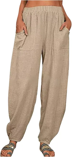 Linen Harem Pants for Women Summer Light Weight Quick Dry Pants Loose Wide Leg Trousers Pocket Elastic Waist Pants