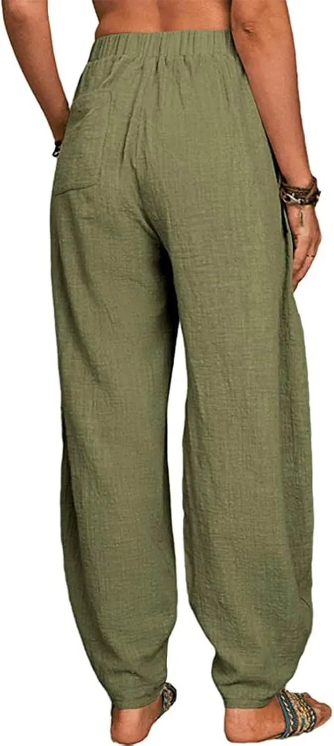 Linen Harem Pants for Women Summer Light Weight Quick Dry Pants Loose Wide Leg Trousers Pocket Elastic Waist Pants