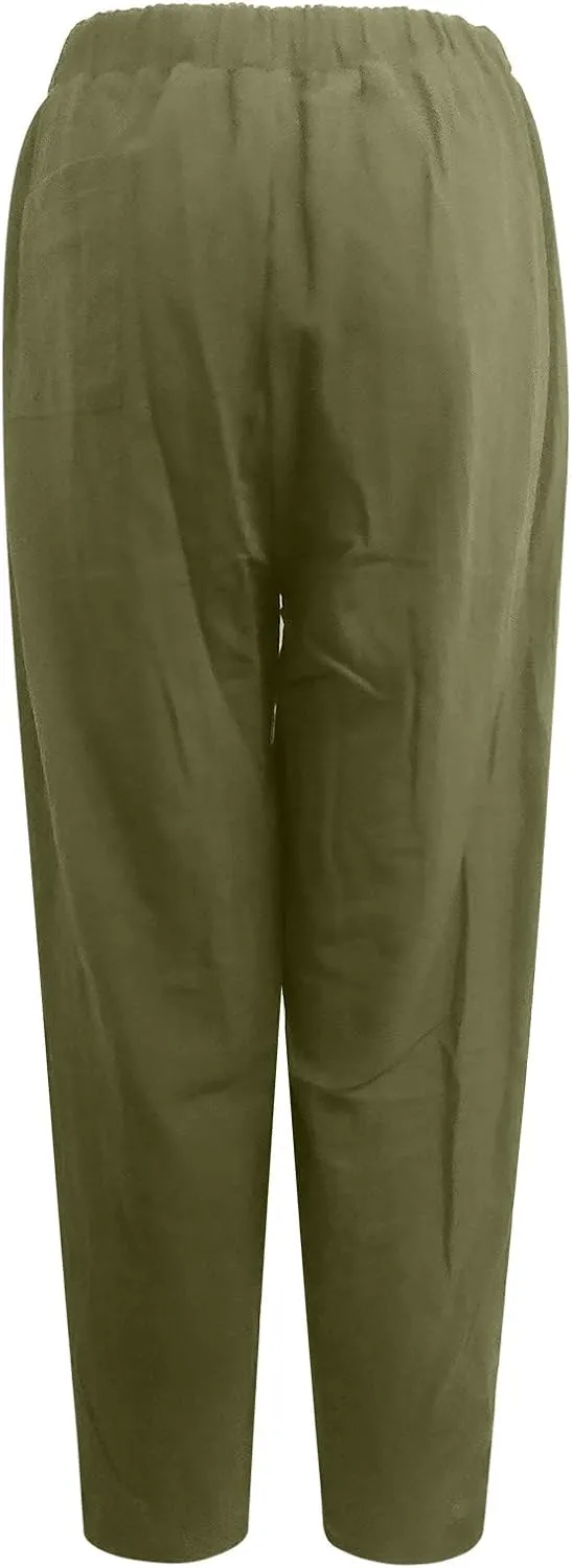 Linen Harem Pants for Women Summer Light Weight Quick Dry Pants Loose Wide Leg Trousers Pocket Elastic Waist Pants