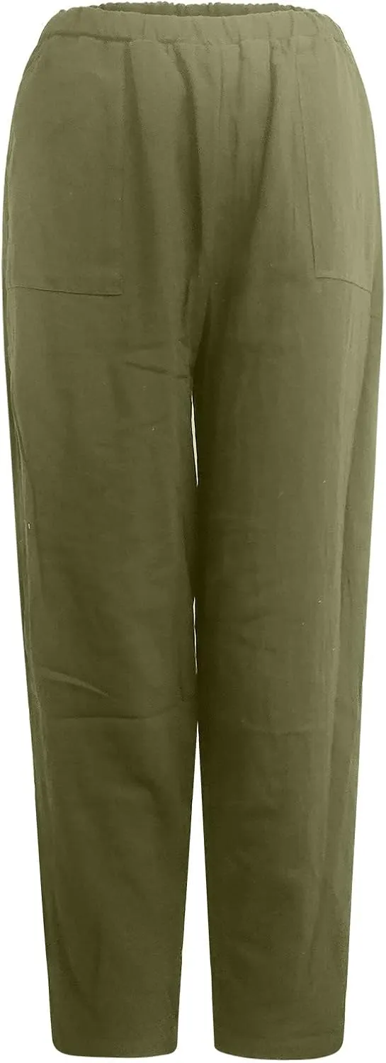 Linen Harem Pants for Women Summer Light Weight Quick Dry Pants Loose Wide Leg Trousers Pocket Elastic Waist Pants