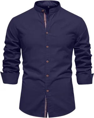 Mandarin Collar Long Sleeve Shirt for Men Slim Fit Stylish Button-Down Lightweight Fabric Ideal for Formal Casual