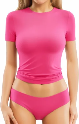 MANGOPOP Women's Double Lined Short Sleeve Long Sleeve Tops Crew Neck T Shirt Compression Fitted Basic Tee
