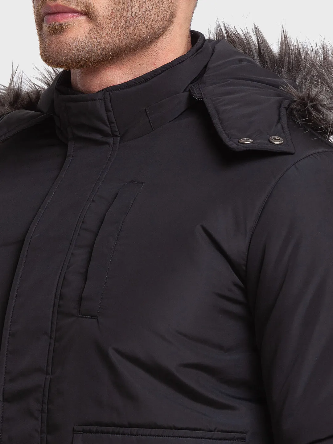 Men Black Tailored Fit Solid Polyester Full Sleeve Jackets