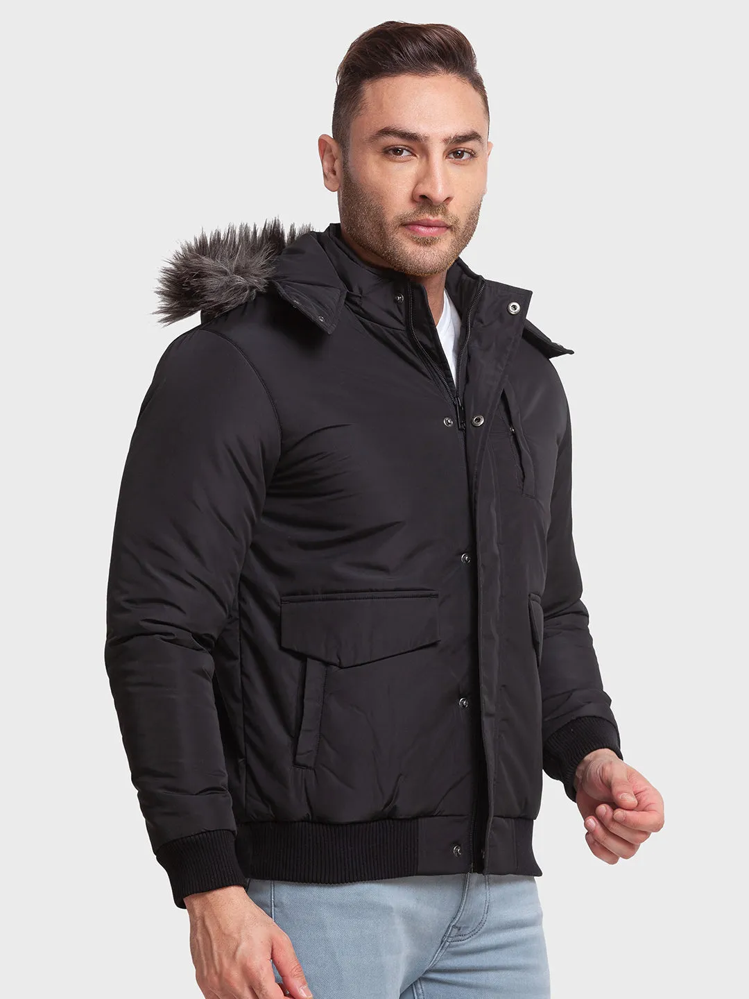 Men Black Tailored Fit Solid Polyester Full Sleeve Jackets